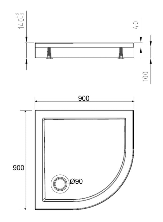 Bac de douche quart de cercle 90 x 90 x 4 cm acrylique brillant blanc