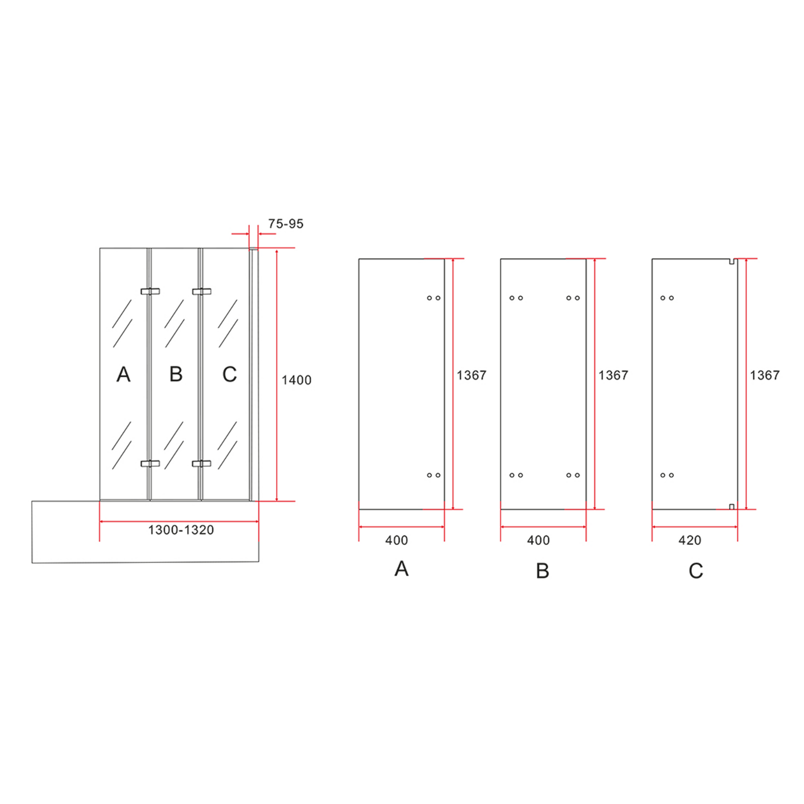 ALONI 3-Delige Badwand – Inklapbaar – 130x140 cm