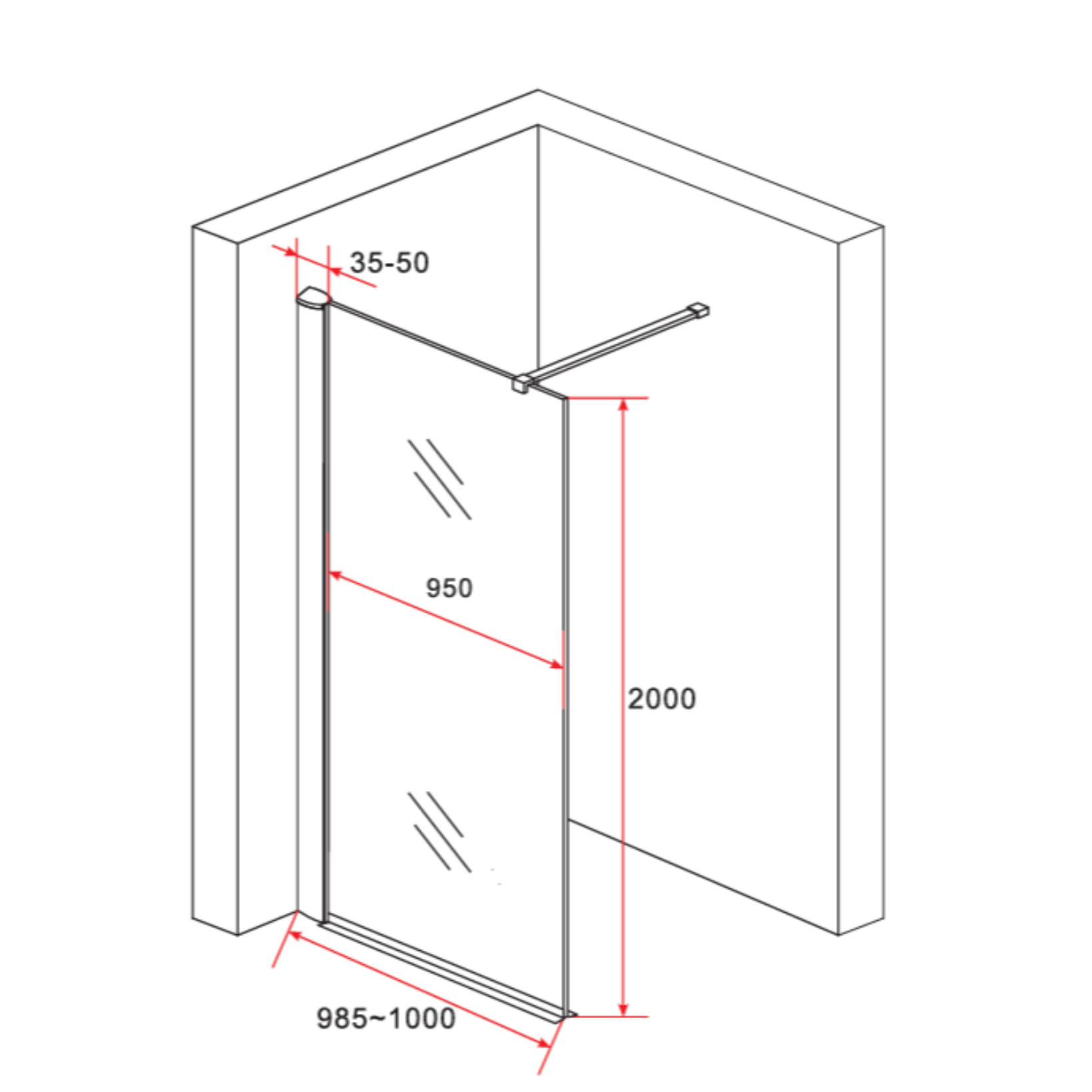ALONI inloopdouchewand half mat – 8 mm veiligheidsglas