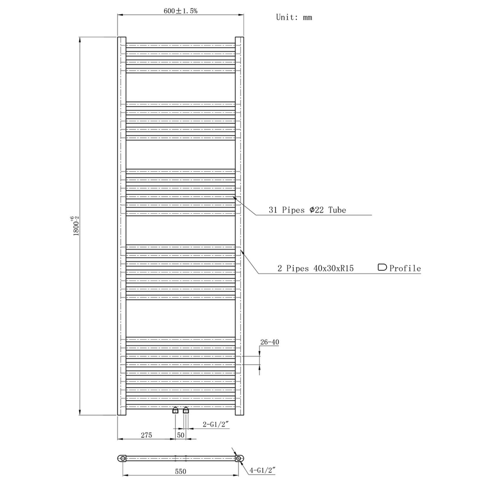 BELRAD Badkamer Radiator Mat Wit Geborsteld – Middenaansluiting
