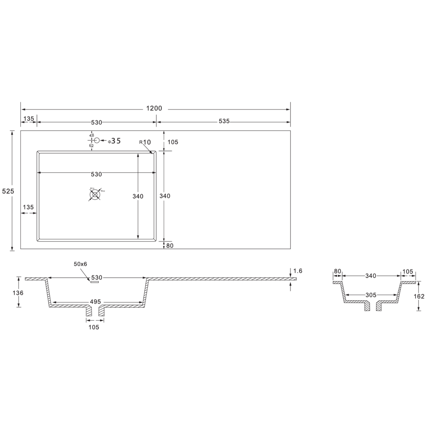 Wonda Square Slim wastafel – 1 wasbak links – kunstmarmer