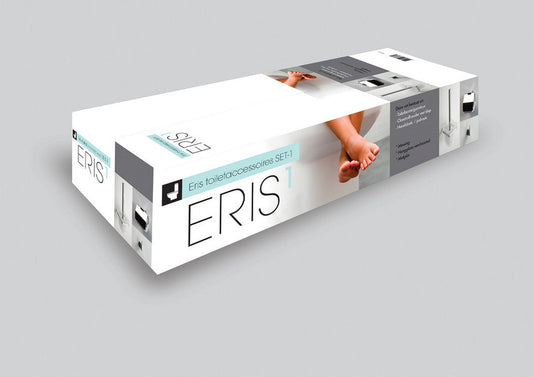 Eris Complete accessoireset box design showcasing Wiesbaden brand's modern toilet accessories.