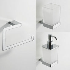 Eris Complete Accessoireset features modern chrome accessories including a towel holder and soap dispenser.