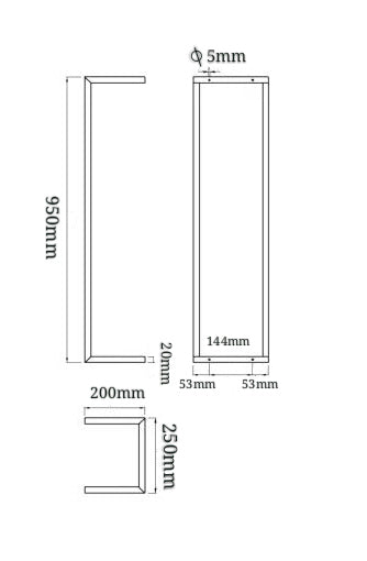 Technische tekening van het Loft Handdoekenrek Wiesbaden met afmetingen van 95x25 cm en geborsteld messing ontwerp.