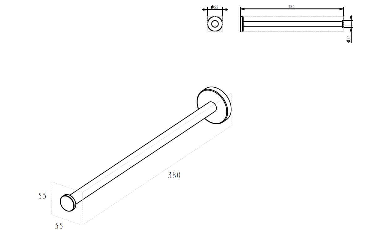Technische tekening van het Alonzo 1-armig handdoekenrek Wiesbaden in geborsteld roestvrij staal.