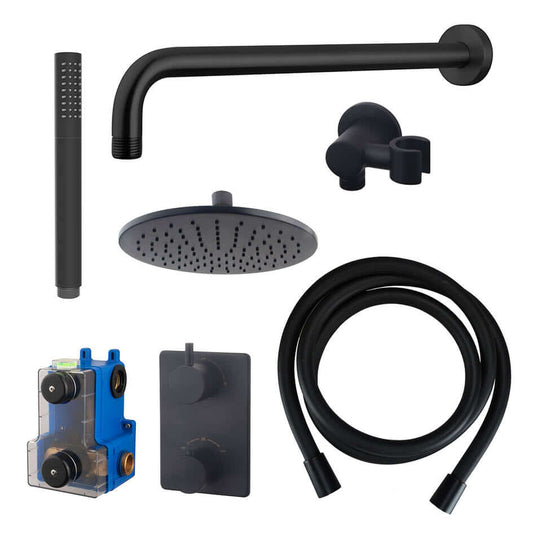 Caral thermostat encastré complet avec douche de tête 25 cm et douchette à main barre mat noir
