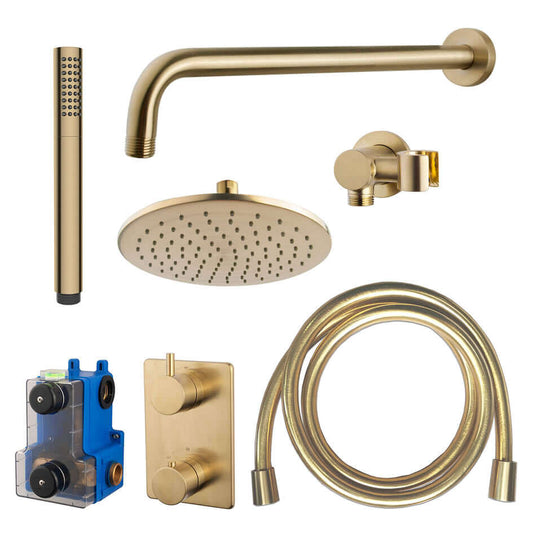 Caral thermostat encastré complet avec douche de tête 25 cm et douchette à main en laiton brossé