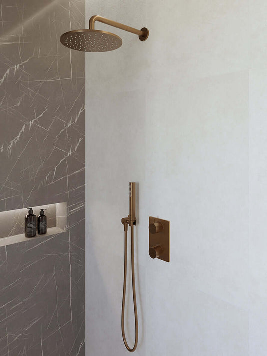 Caral thermostat encastré complet avec douche de tête 25 cm et douchette à main en barre en bronze brossé cuivre