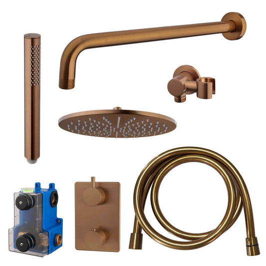 Caral thermostat encastré complet avec douche de tête 25 cm et douchette à main en barre en bronze brossé cuivre