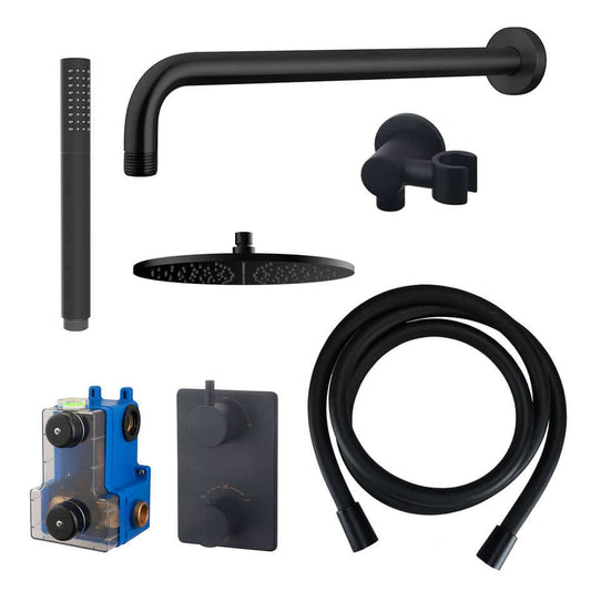 Caral thermostat encastré complet avec douche de tête 30 cm et douchette à main barre mat noir