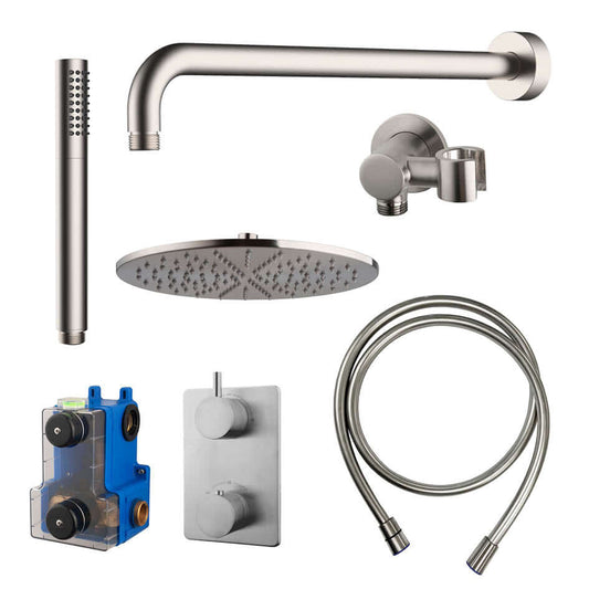 Caral thermostat encastré complet avec douche de tête 30 cm et douchette à main en acier brossé
