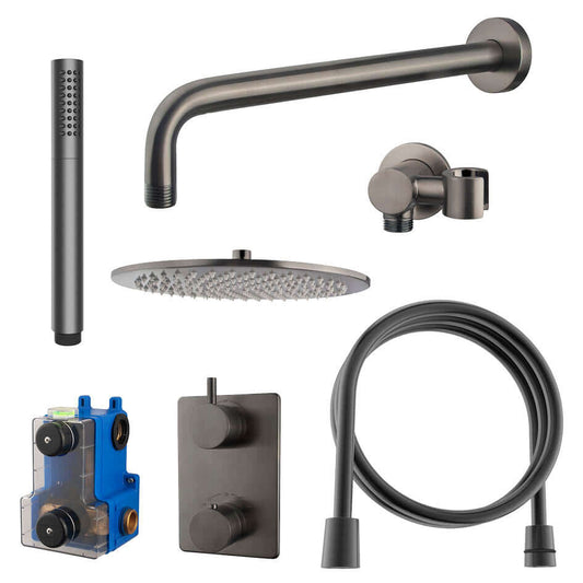 Caral thermostat encastré complet avec douche de tête 30 cm et douchette en barre gunmetal