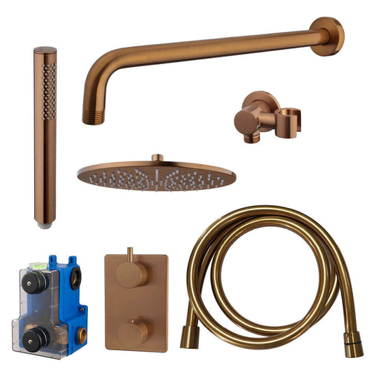 Caral thermostat encastré complet avec douche de tête 30 cm et douchette à main en laiton brossé bronze cuivre
