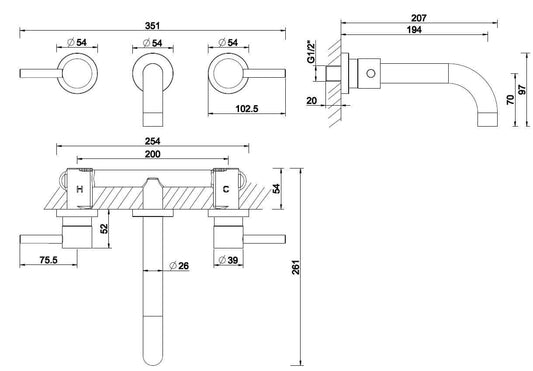 Caral partie de finition robinet de lavabo 2 boutons encastré chrome