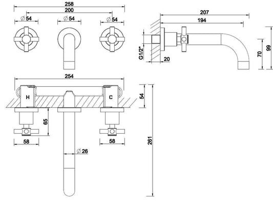 Partie de finition croisée robinet de lavabo 2 boutons encastré acier brossé PVD