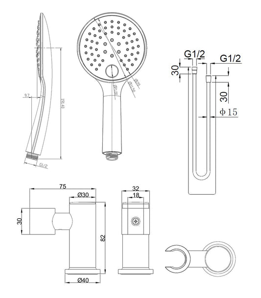 UniMatch handdoucheset met handdouche 3 standen Ø 12 cm, doucheslang en wandhouder kantelbaar geborsteld brons koper