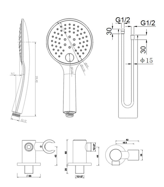UniMatch handdoucheset met handdouche 3 standen Ø 12 cm, doucheslang en wandaansluitbocht