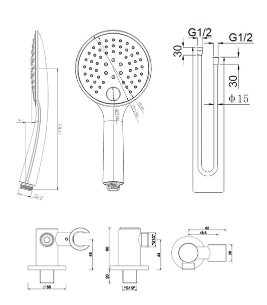 UniMatch handdoucheset met handdouche 3 standen Ø 12 cm, doucheslang en wandaansluitbocht geborsteld messing