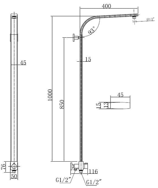 Douchestang met omstelknop 45x1000 mm chroom