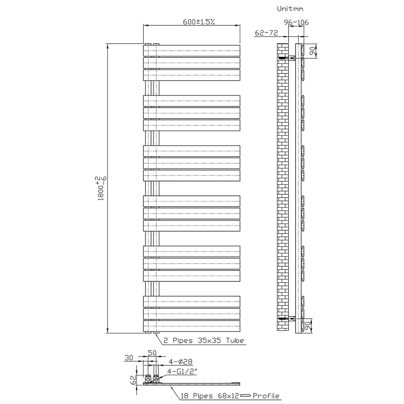 BELRAD Badkamer Radiator Mat Zwart – Linkeraansluiting/Combi