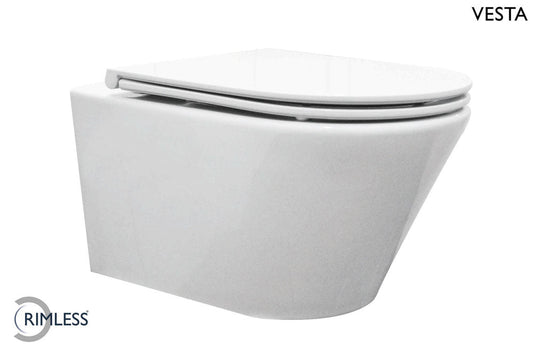 Vesta randloos hangtoilet Wiesbaden met diepe spoeling in wit (inclusief Flatline zitting)
