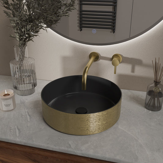 Mondri Wastafel Wiesbaden 36x36 cm Rond Geborsteld Goud / Mat Zwart