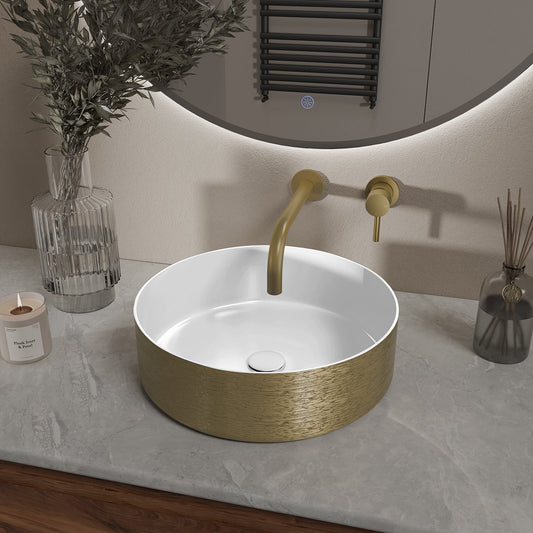 Mondri Wastafel Wiesbaden 36X36 Cm Rond in Geborsteld Goud / Glanzend Wit
