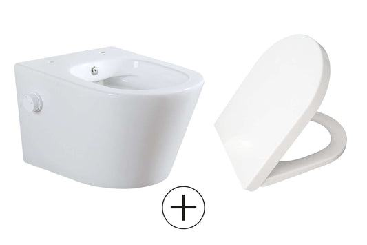 Vesta wandtoilet randlos mit Bidetarmatur kaltes Wasser mit Vesta Toilettensitz glänzend weiß