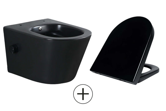 Vesta wandtoilet randlos mit Bidetarmatur kaltes Wasser mit Vesta Toilettensitz matt schwarz