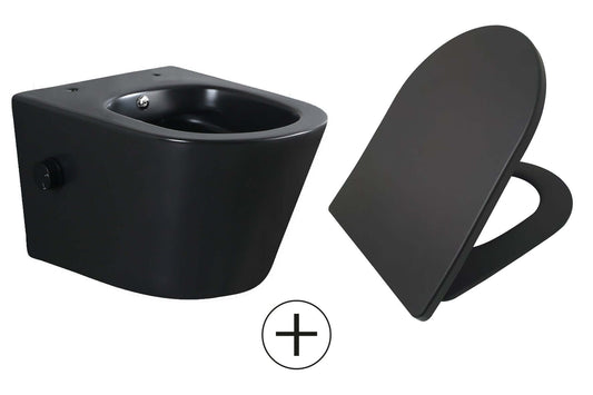 Vesta wandcloset randlos mit Bidetarmatur kaltes Wasser mit Shade schlanker Toilettensitz matt schwarz