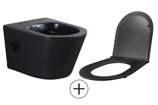 Vesta wandcloset randlos mit Bidetarmatur kaltes Wasser mit Flatline Toilettensitz matt schwarz
