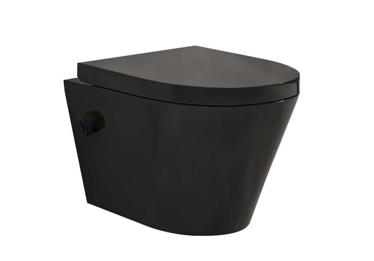Vesta wandtoilet spülrandlos mit Bidetarmatur warm kalt Wasser mit Vesta Toilettensitz matt schwarz