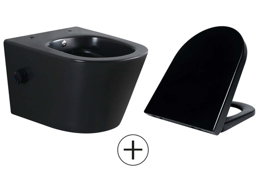 Vesta wandtoilet spülrandlos mit Bidetarmatur warm kalt Wasser mit Vesta Toilettensitz matt schwarz