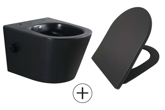 Vesta wandcloset randlos mit Bidetarmatur warm kalt Wasser mit Shade schlanke Toilettensitz matt schwarz