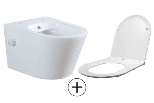 Vesta wandcloset randlos mit Bidetarmatur warm kalt Wasser mit Flatline Toilettensitz glänzend weiß