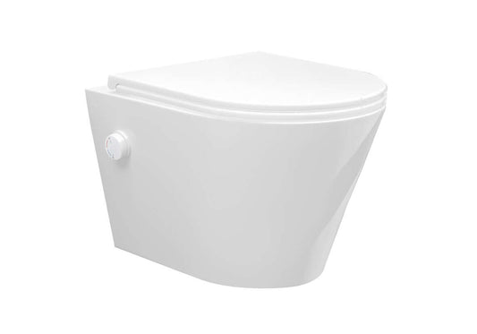 Vesta wandcloset randlos mit Bidetarmatur warm kalt Wasser mit Flatline Toilettensitz glänzend weiß