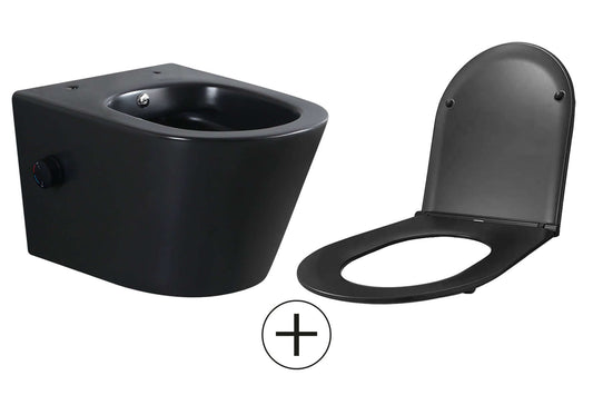 Vesta wandcloset randlos mit Bidetarmatur warm kalt Wasser mit Flatline Toilettensitz matt schwarz