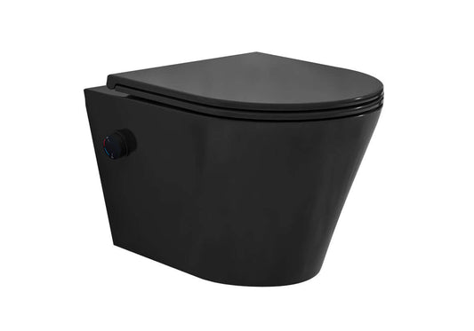 Vesta wandcloset randlos mit Bidetarmatur warm kalt Wasser mit Flatline Toilettensitz matt schwarz