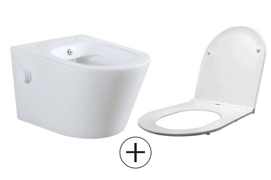 Vesta wandcloset randlos mit Bidetarmatur kaltes Wasser mit Flatline Toilettensitz matt weiß