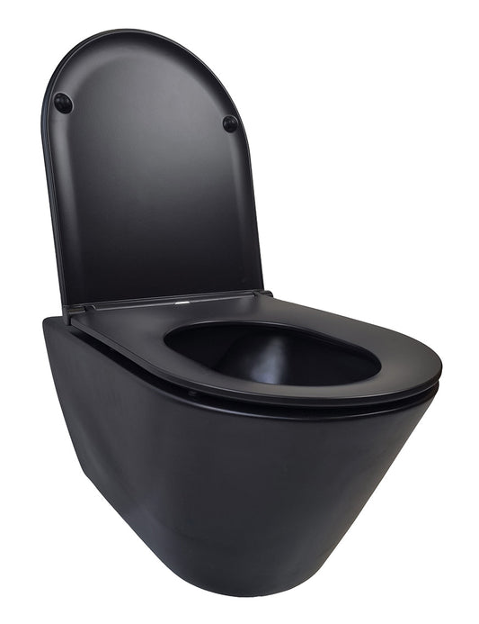 Stereo randloos wandtoilet Wiesbaden in matzwart met Flatline Soft Close en Quick Release toiletbril in matzwart