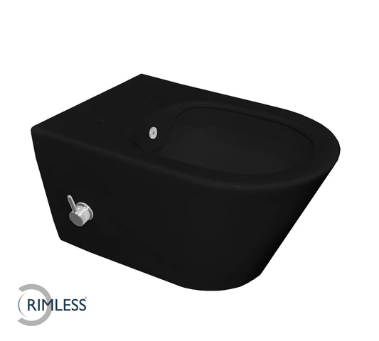 Luxe randloos wandtoilet 53 cm met ingebouwde bidetkraan warm/koud matzwart Wiesbaden