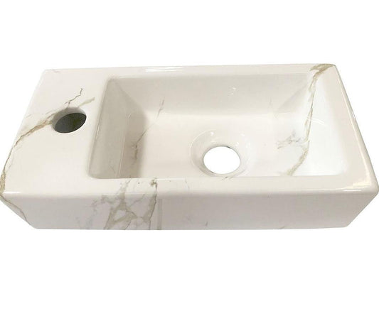 Carrara marmerlook fonteinset Wiesbaden in messing goud (kraangat links)