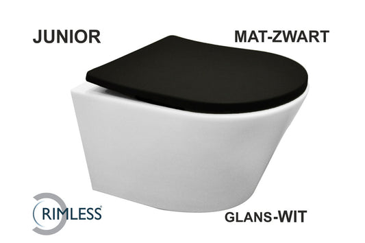 Vesta Junior Wandtoilet Wiesbaden Washdown Randloos in wit (inclusief Flatline zitting in matzwart)