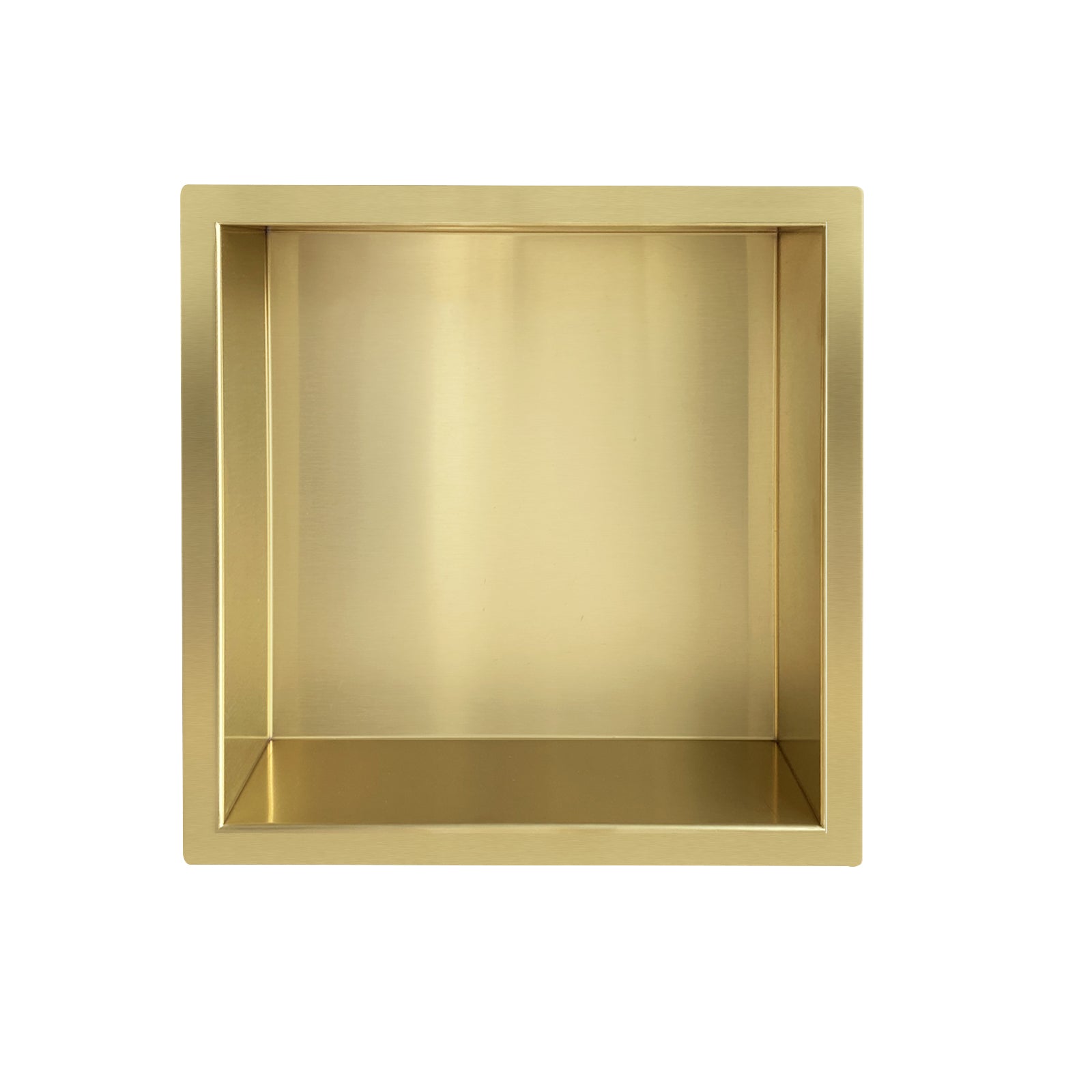 Excellence inbouwnis in geborsteld messing goud, 30x30x7cm, voor badkameropslag en esthetiek.
