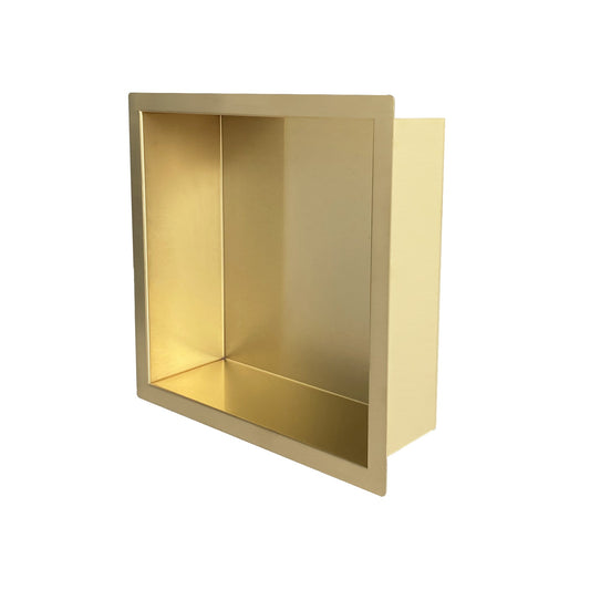 Excellence inbouwnis in geborsteld messing goud, 30x30x7cm, ideale opslagoplossing voor badkameraccessoires.