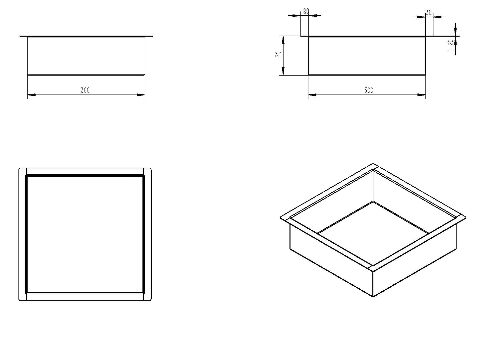 Technische tekening van inbouwnis Wiesbaden 30X30X7Cm in geborsteld messing goud, met afmetingen en aanzicht.