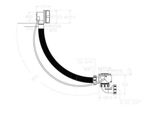 Rezo badafvoer met overloop verlengd 70 mm chroom