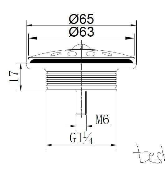 Technische tekening van de Korv open afvoerplug rooster 5/4" gunmetal, inclusief afmetingen en specificaties voor afvoerplug.