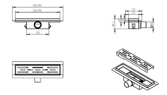 Öko-Duschrinne mit Flansch und Rost 30 x 7 cm Edelstahl