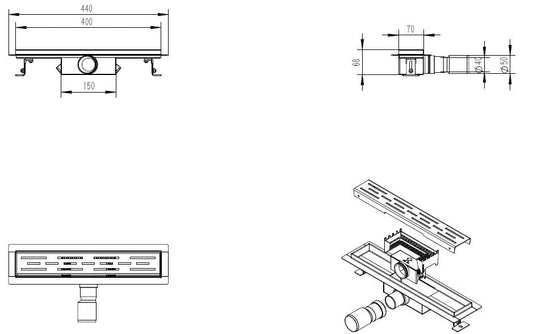 Öko-Duschrinne mit Flansch und Rost 40 x 7 cm Edelstahl